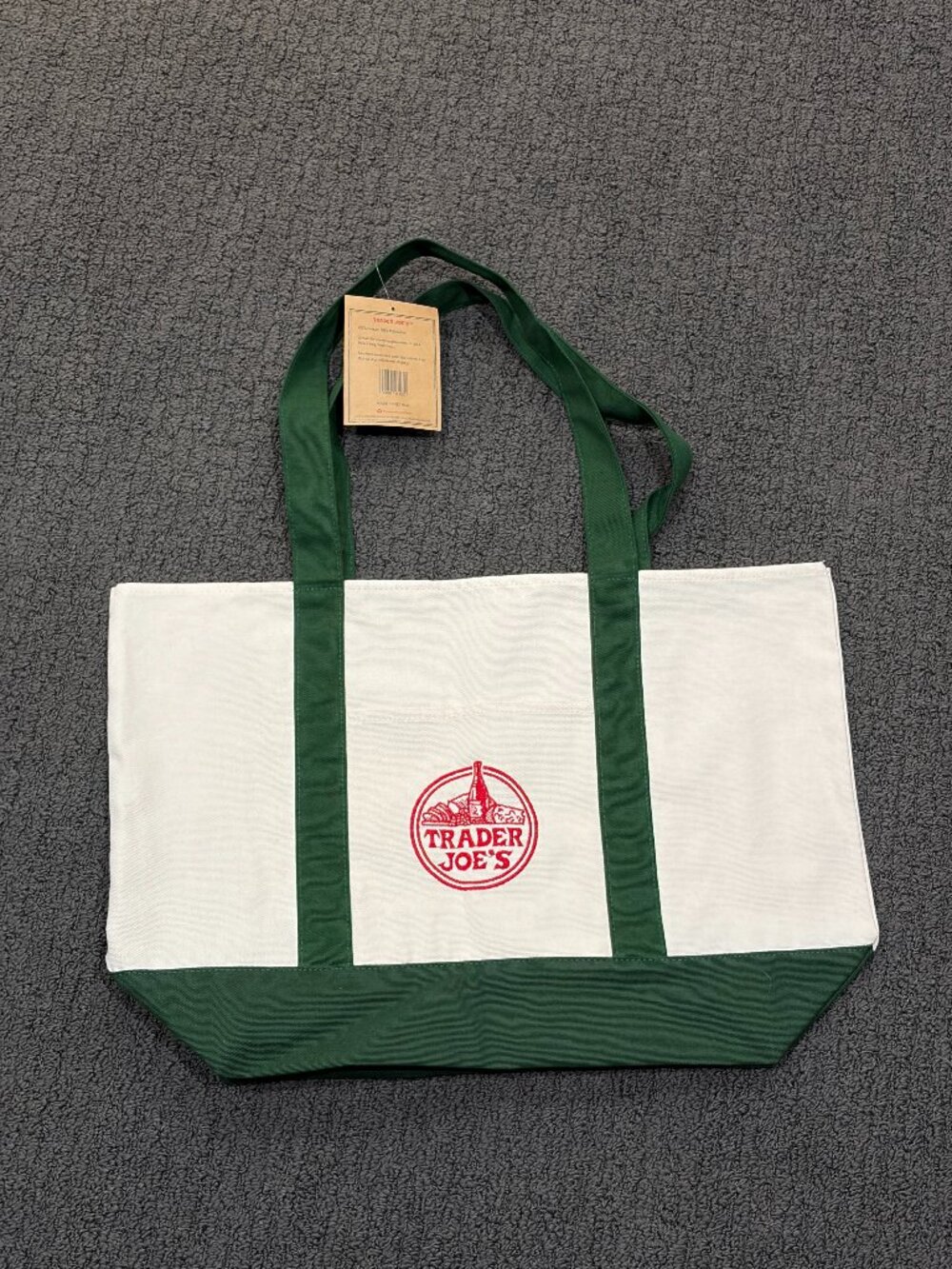 NWT Trader Joe’s Large Green Canvas Tote Bag - Reusable Embroidered Logo 20”